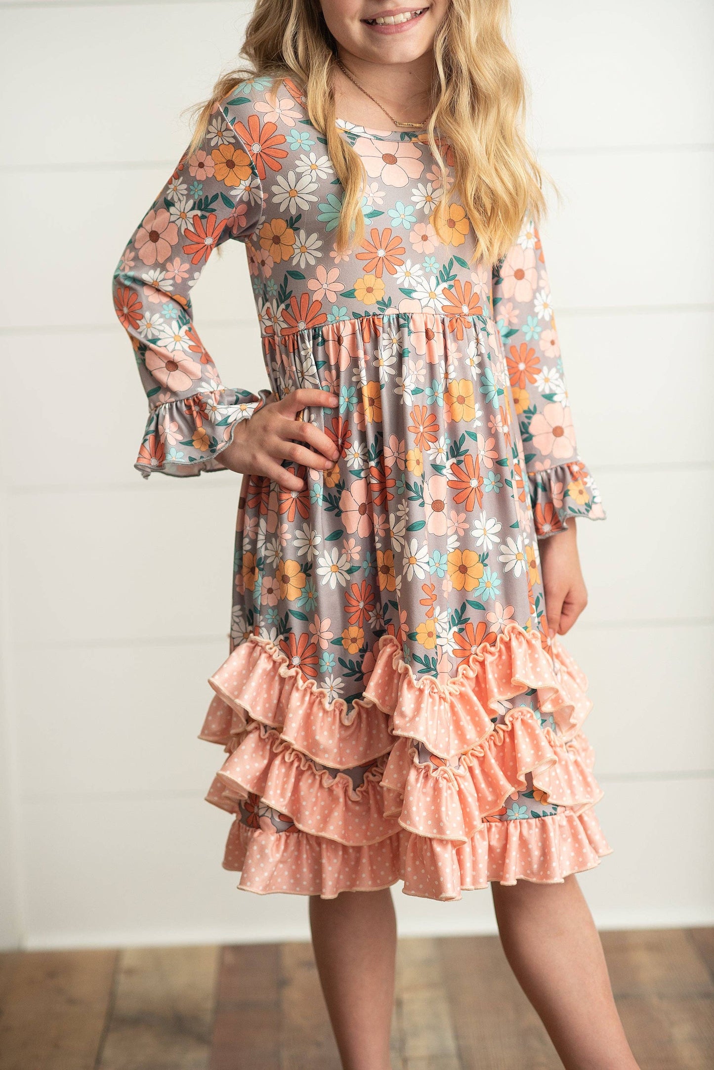 Peach Vintage Floral Ruffle Dress