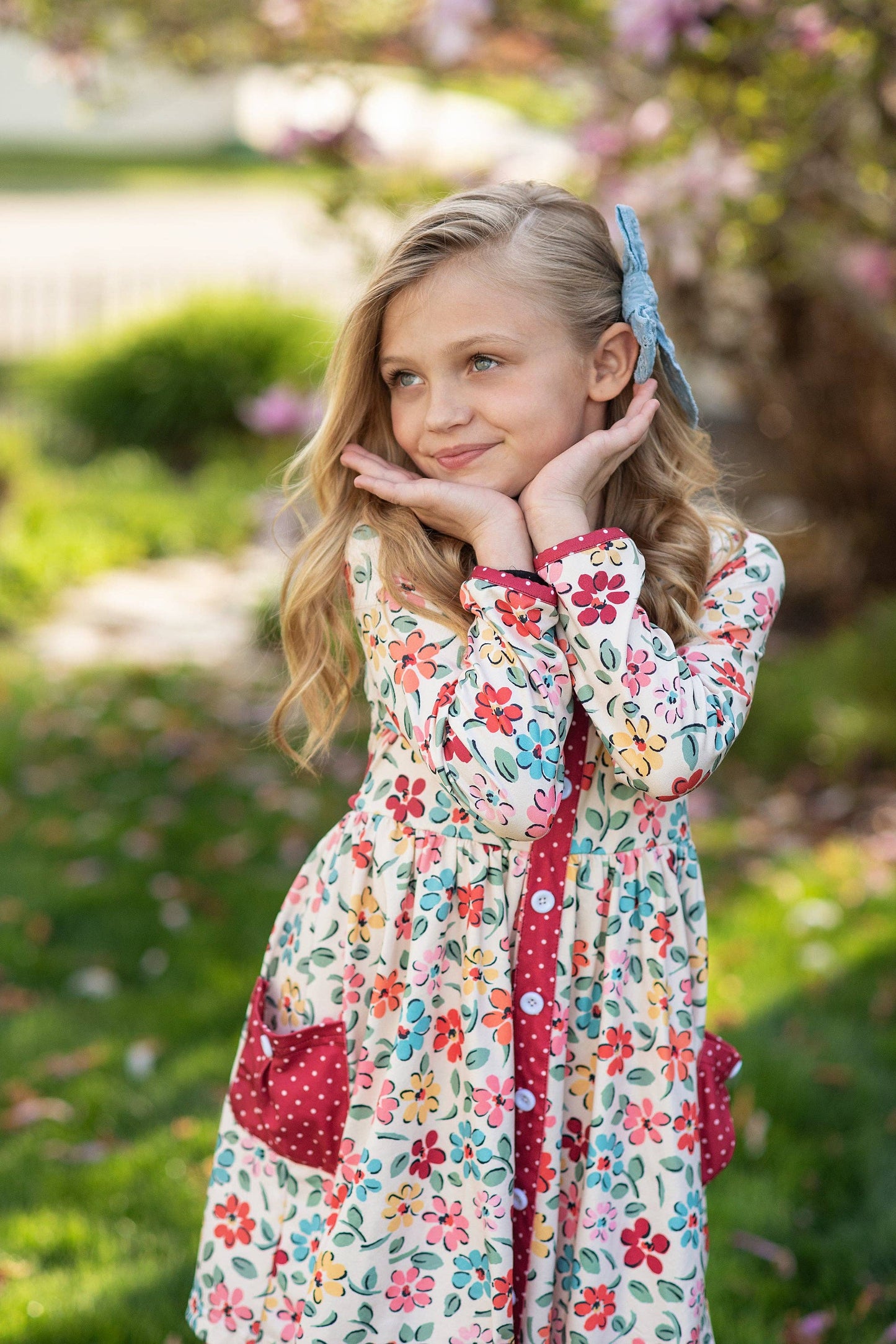 Cream & Burgundy Floral Ruffle Button Dress