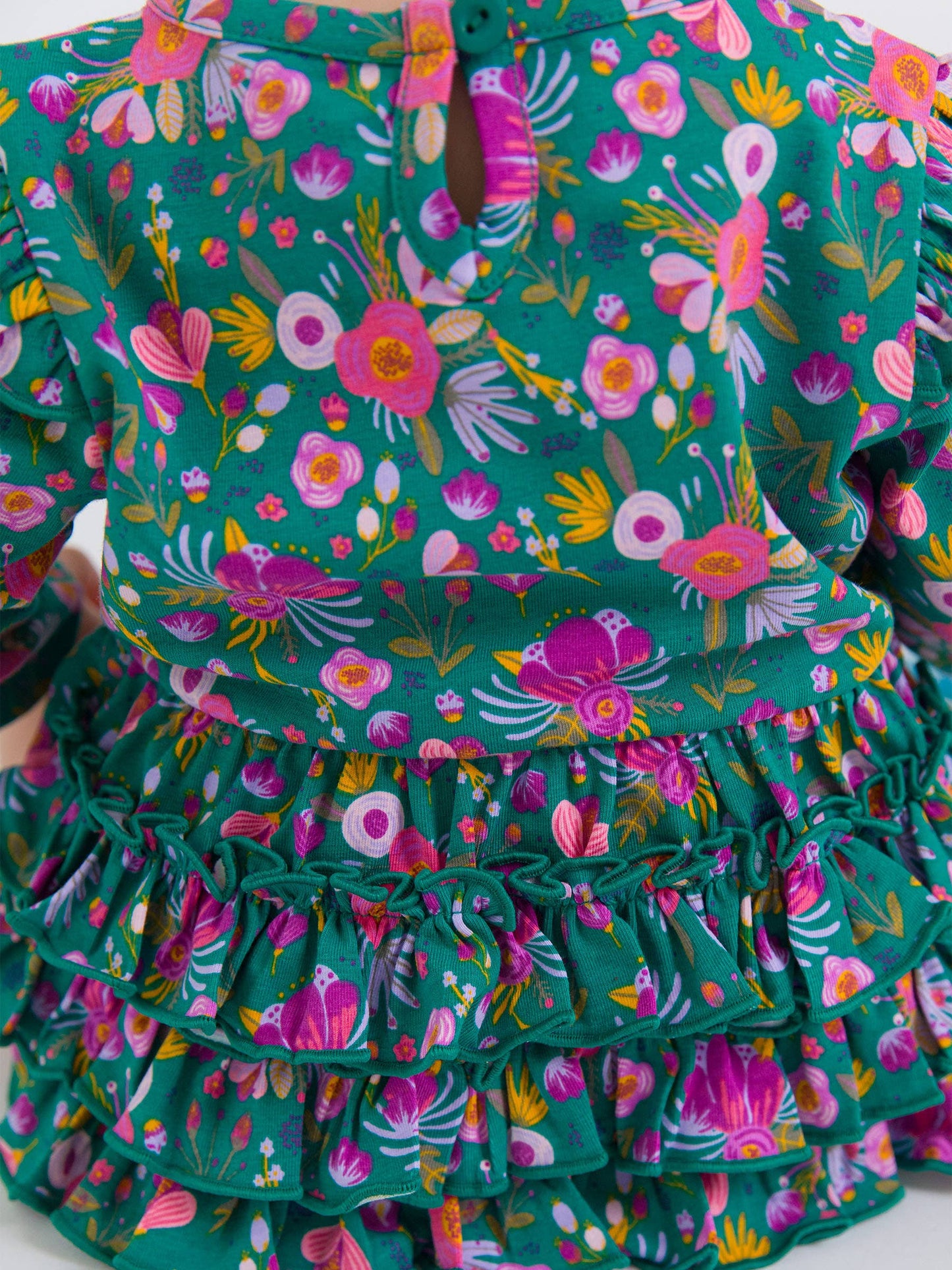 RuffleButts Emerald Floral Flutter Bubble Romper