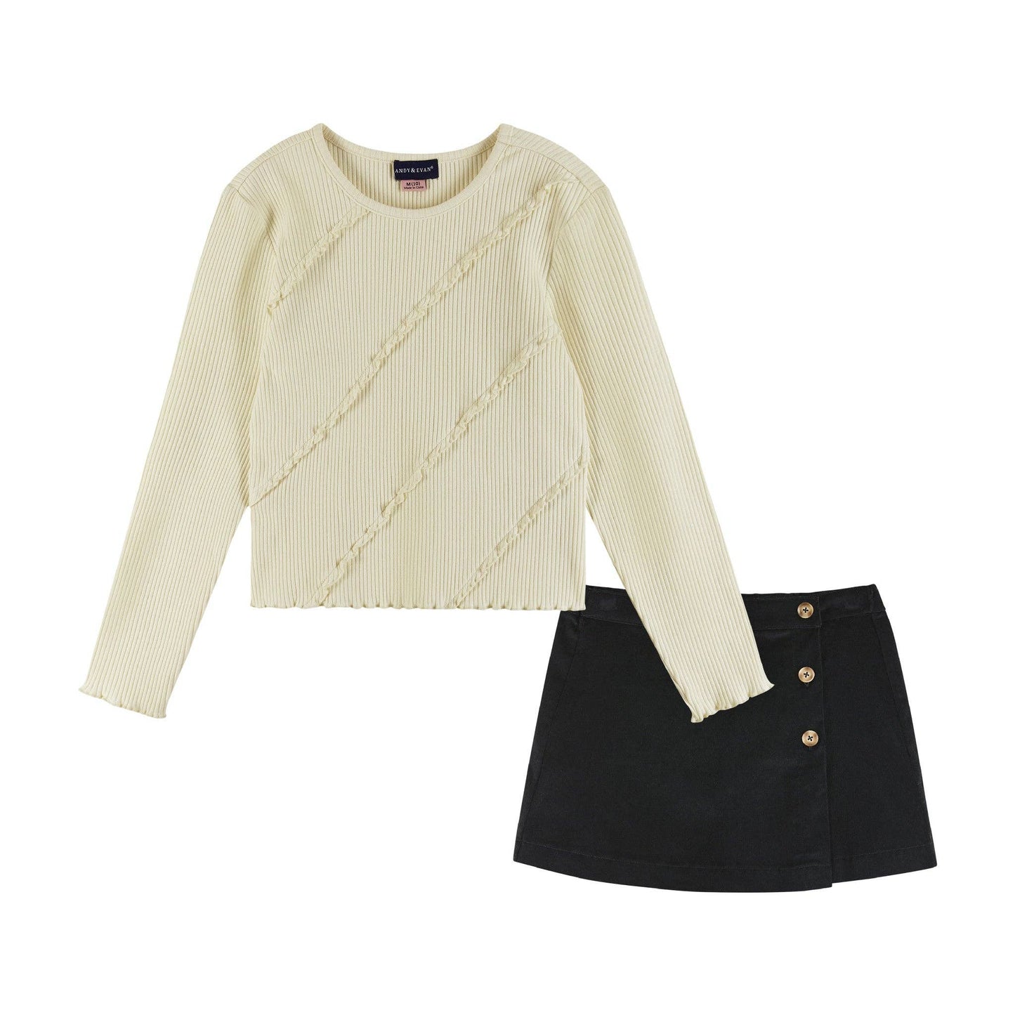 Rib Knit Long Sleeve Top & Corduroy Skirt Set