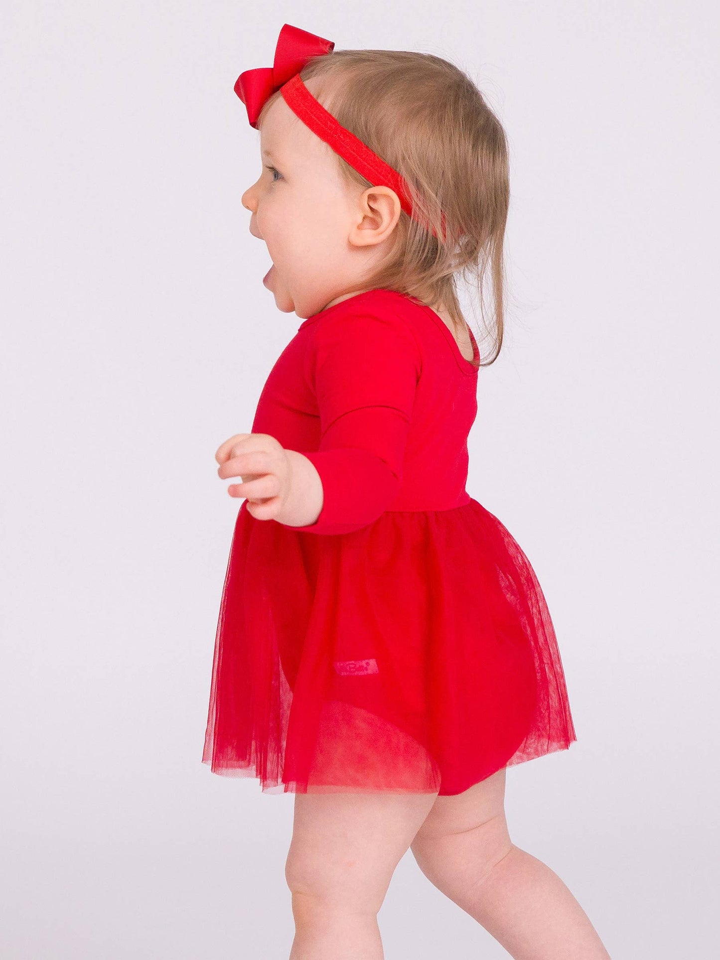 RuffleButts Red Long Sleeve Tulle Skirted Romper