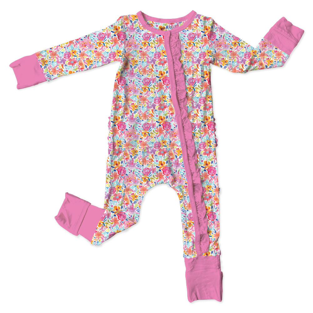Laree + Co Korrie Floral Bamboo Ruffle Triple-Zip Convertible Footie