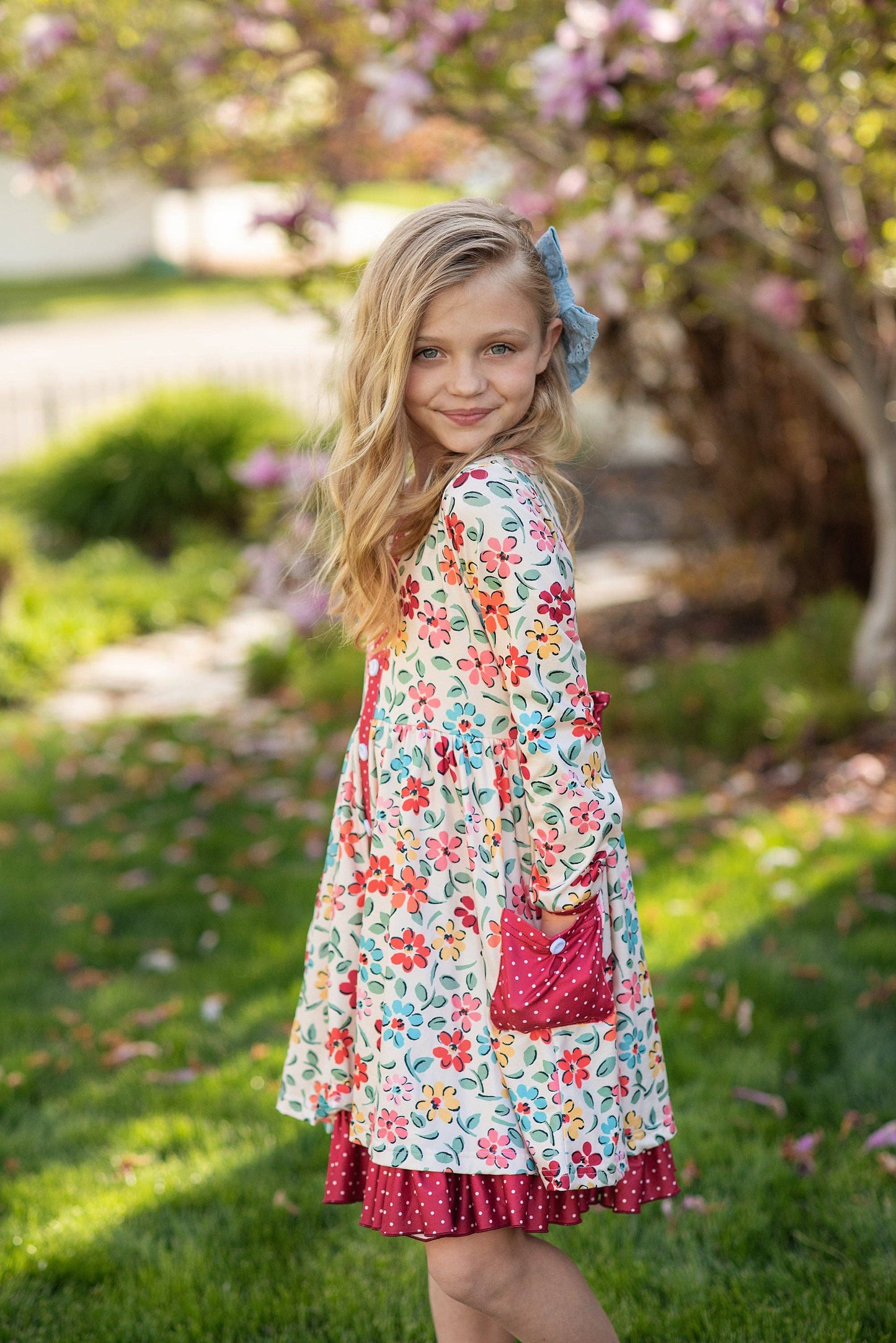 Cream & Burgundy Floral Ruffle Button Dress