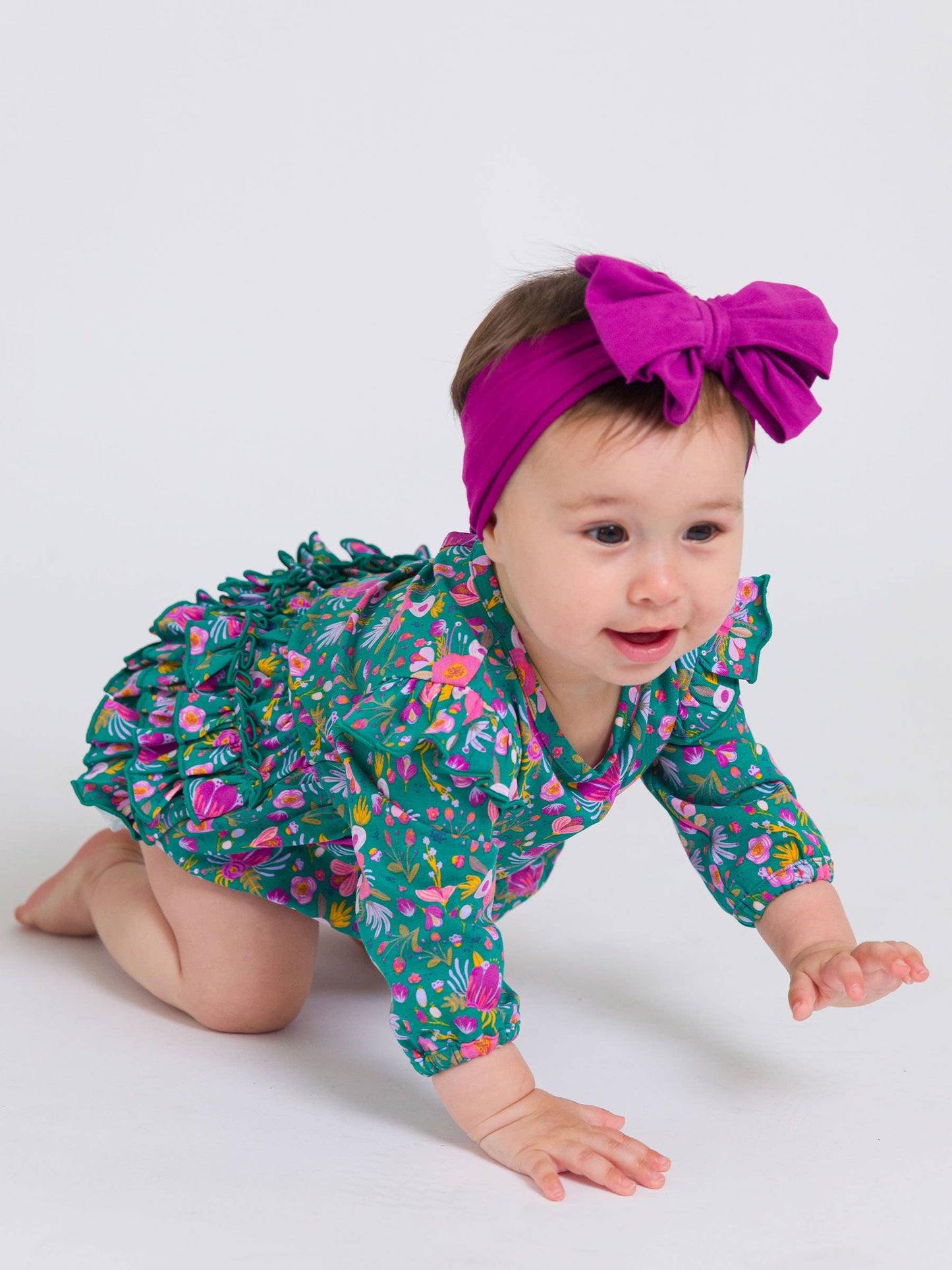 RuffleButts Emerald Floral Flutter Bubble Romper