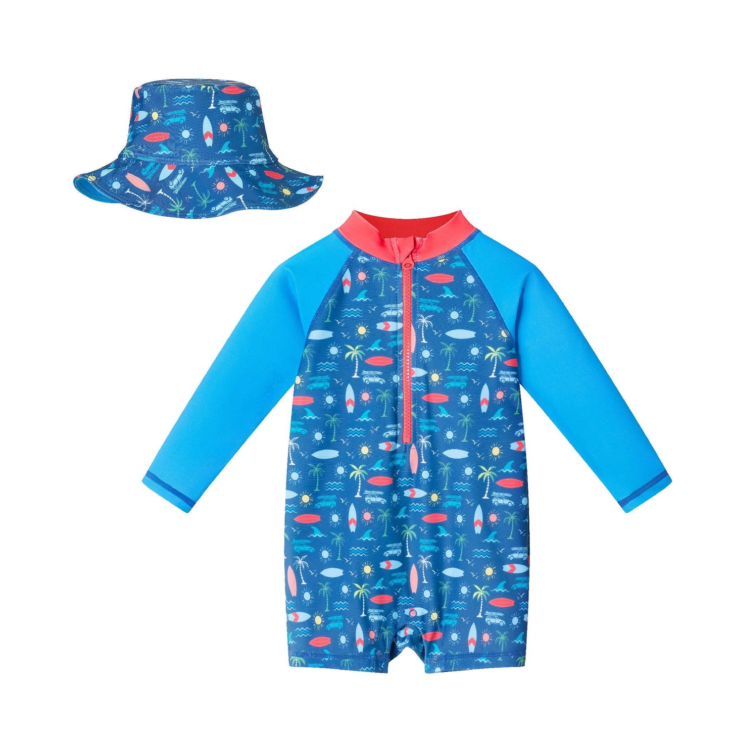 Andy & Evan Navy Tropical Print Swimsuit & Hat