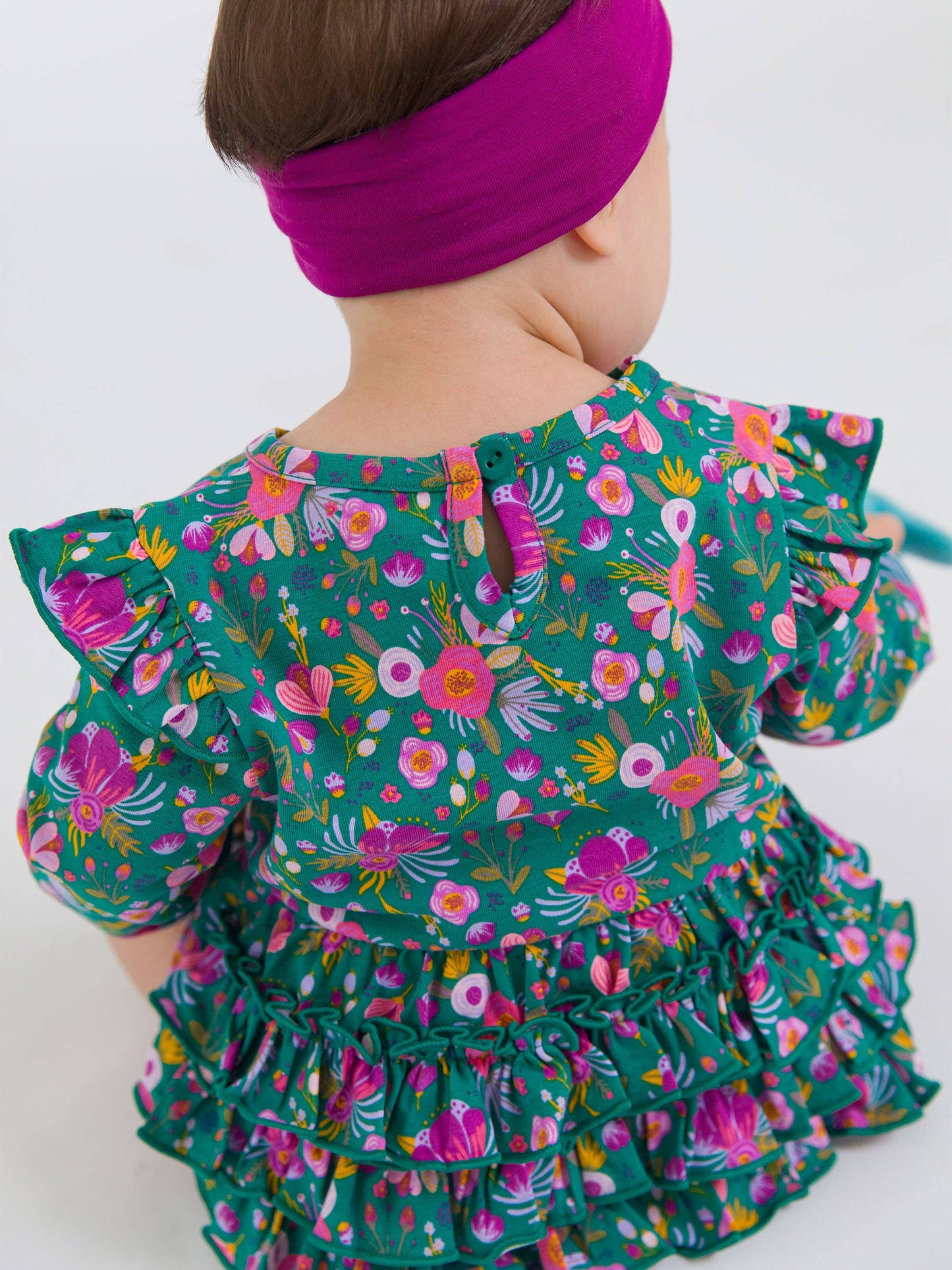 RuffleButts Emerald Floral Flutter Bubble Romper