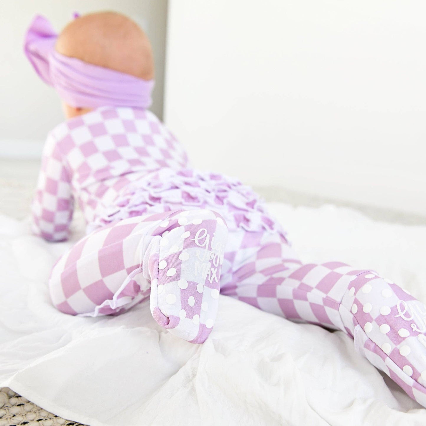 Myla Purple Check Ruffle Zip Romper