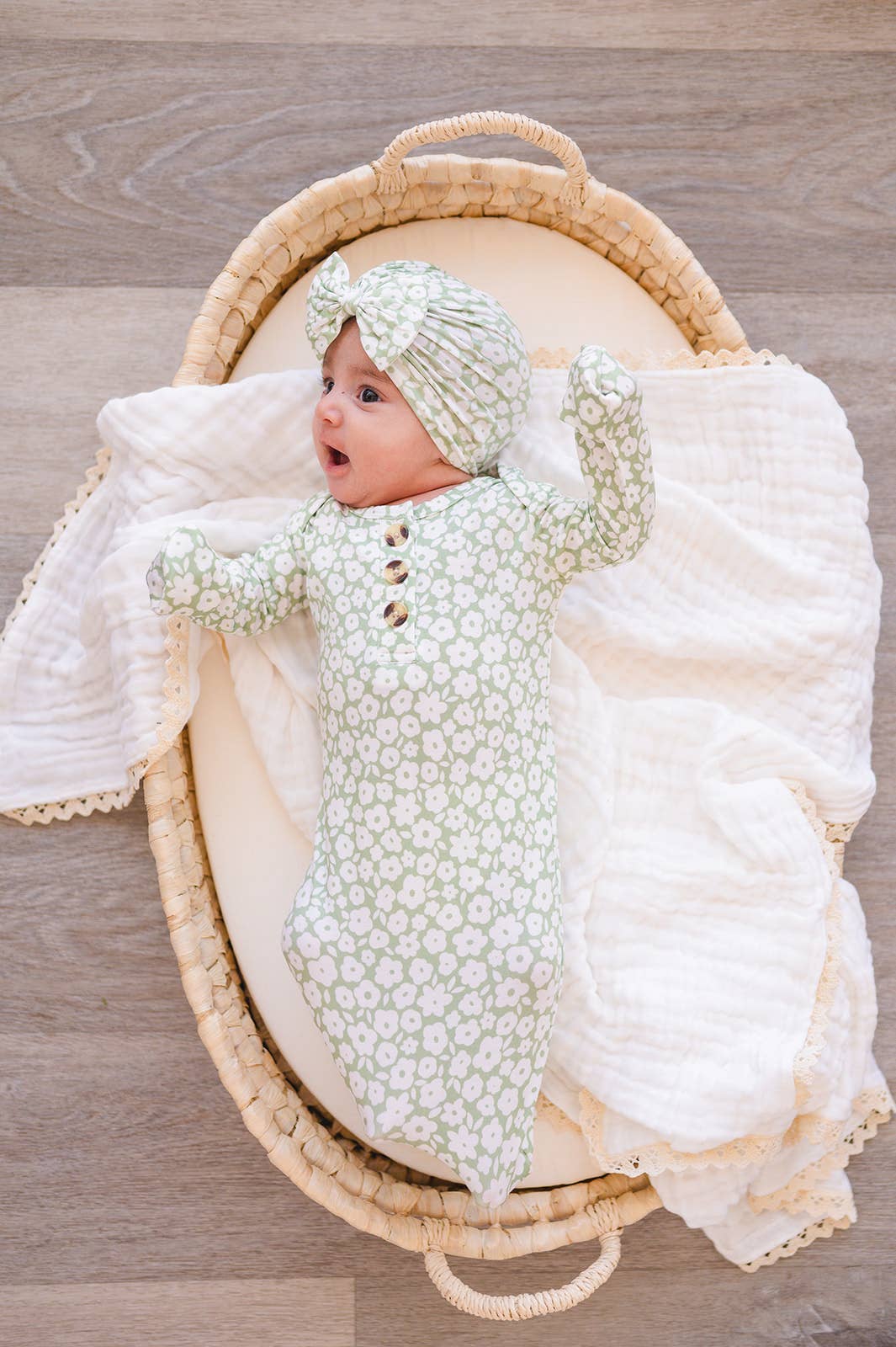 Sage Ditsy Floral Knotted Gown & Headband
