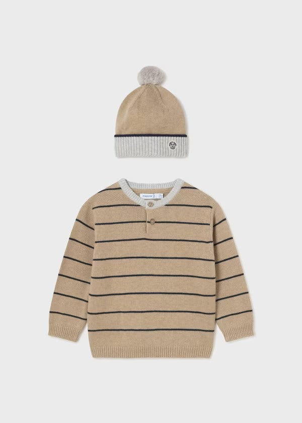 Mayoral Sand Stripe Sweater & Hat Set