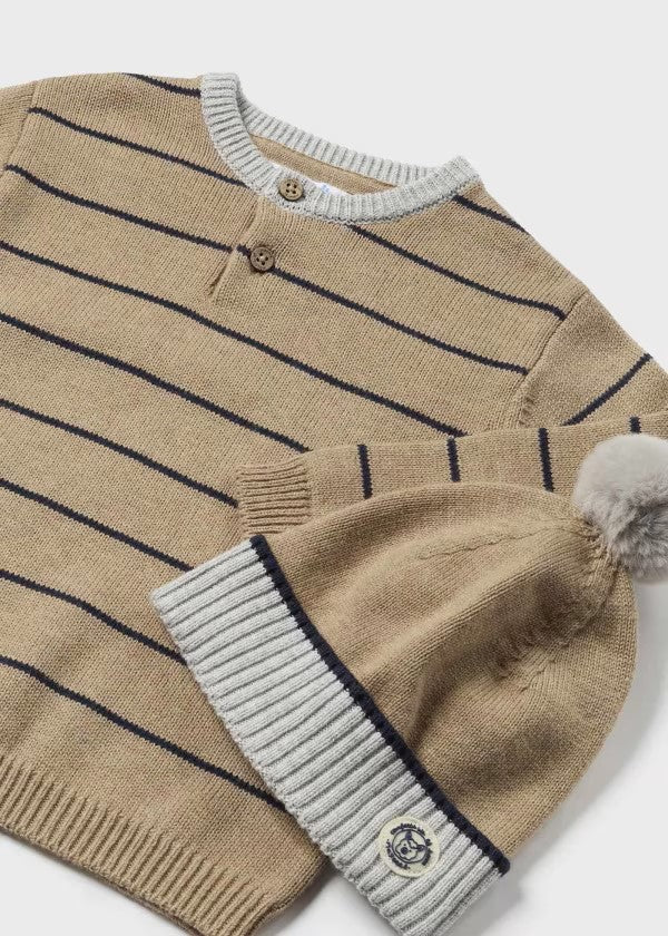 Mayoral Sand Stripe Sweater & Hat Set
