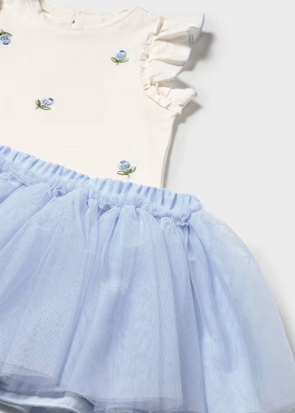 Mayoral Floral Embroidered Sky Tulle Skirt Set