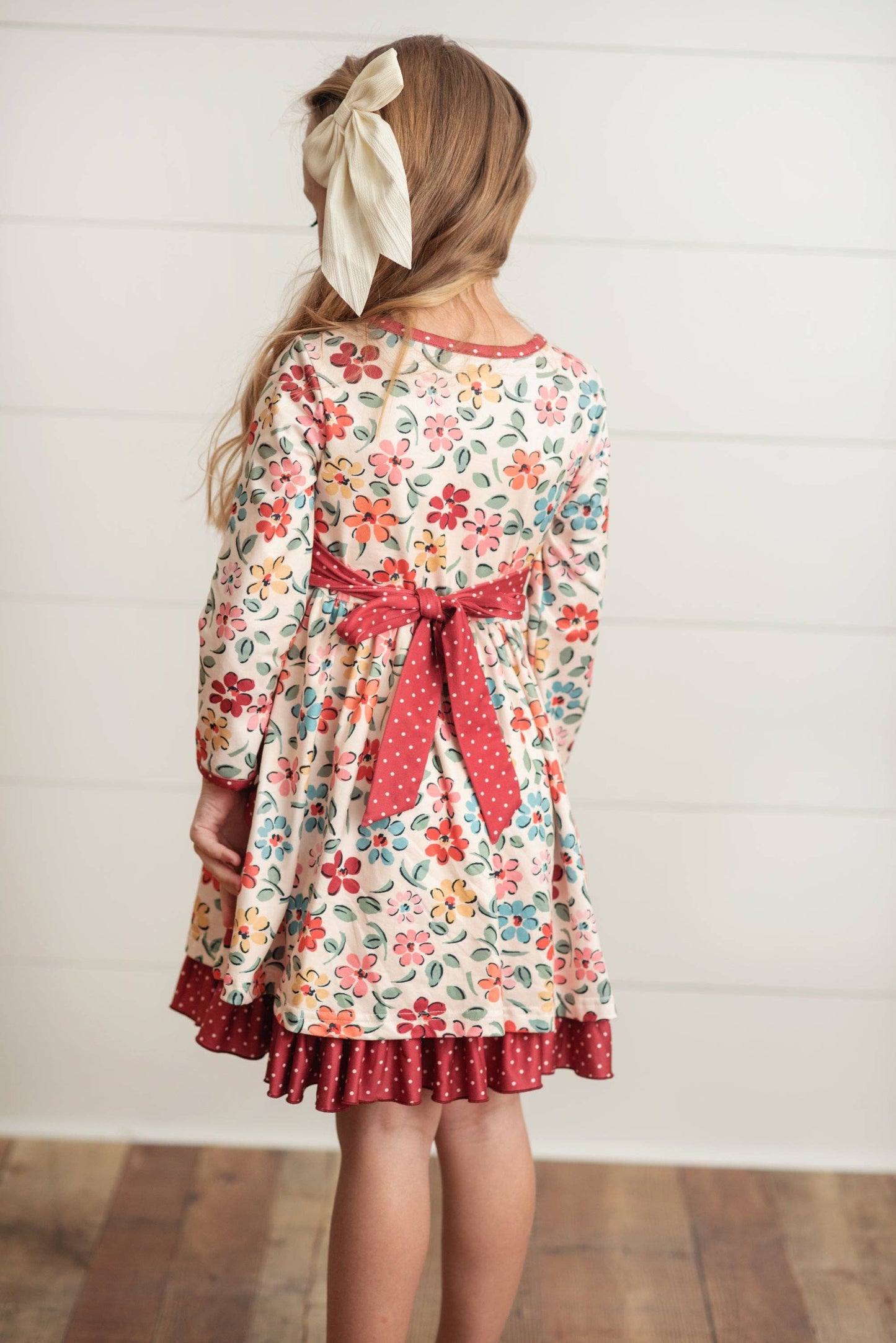Cream & Burgundy Floral Ruffle Button Dress