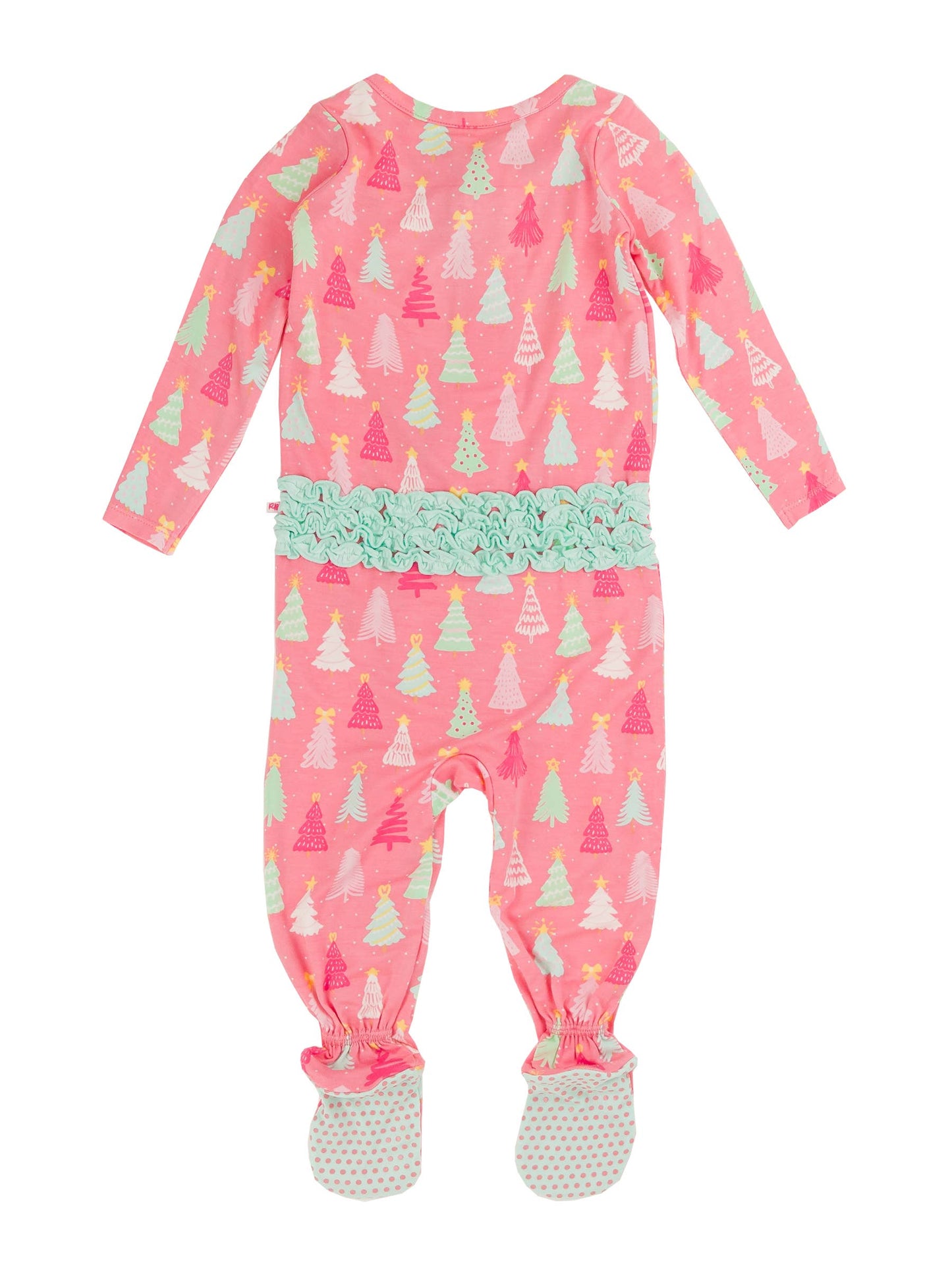 RuffleButts Merry Pink Pines Footed Ruffle One Piece Pajama
