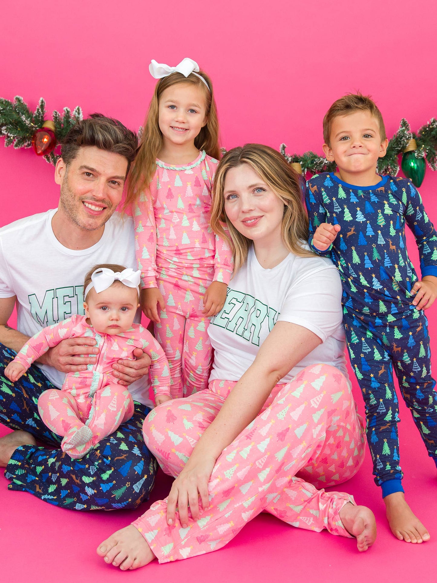 RuffleButts Merry Pink Pines Footed Ruffle One Piece Pajama