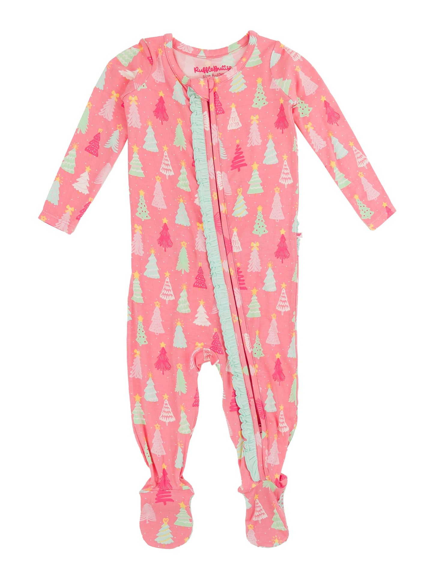 RuffleButts Merry Pink Pines Footed Ruffle One Piece Pajama
