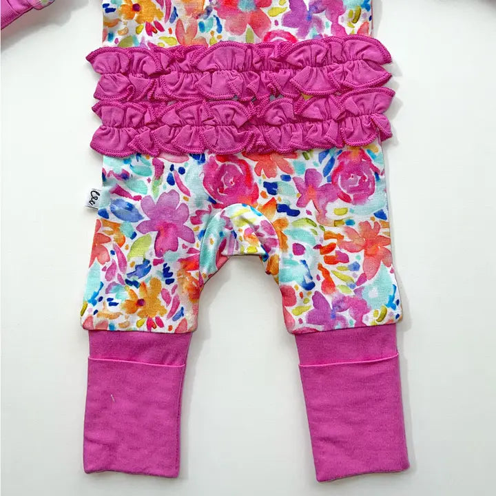 Laree + Co Korrie Floral Bamboo Ruffle Triple-Zip Convertible Footie