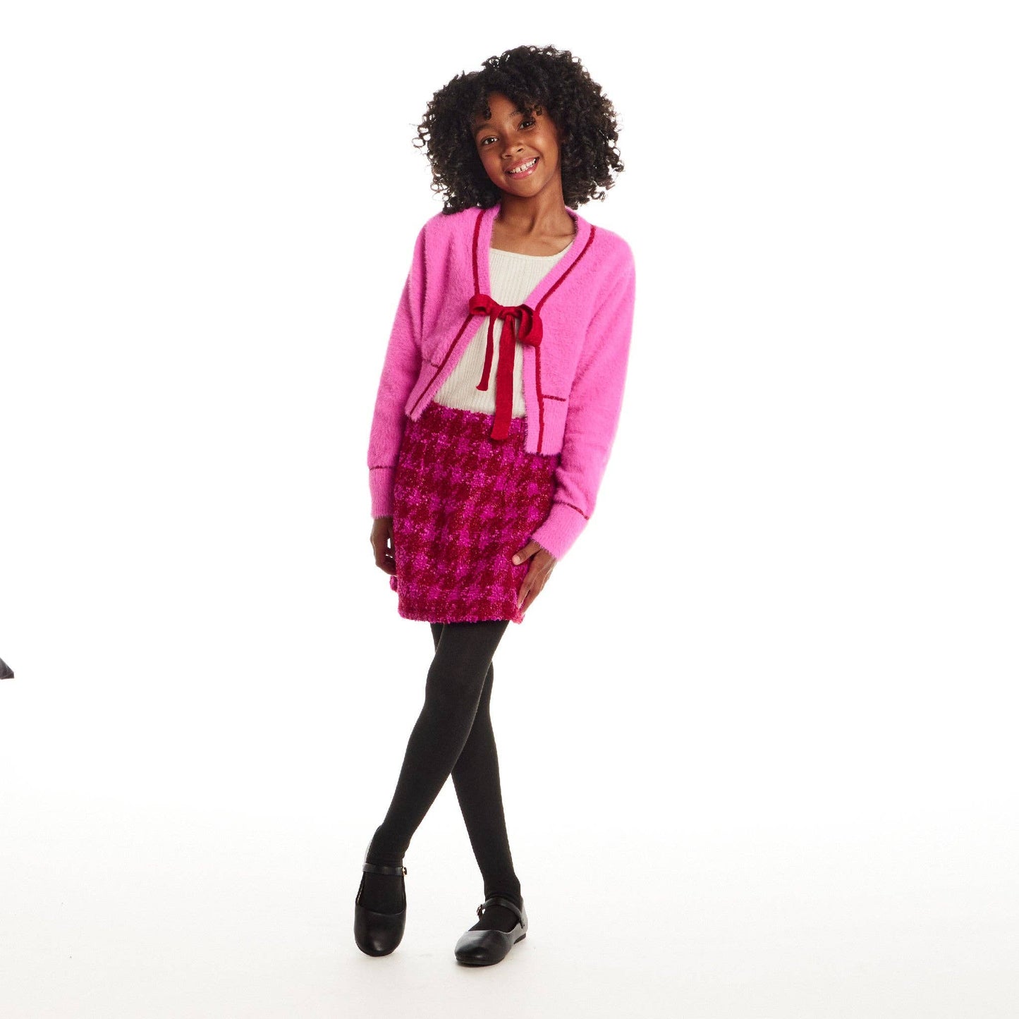 Pink Eyelash Cardigan Sweater with Bow