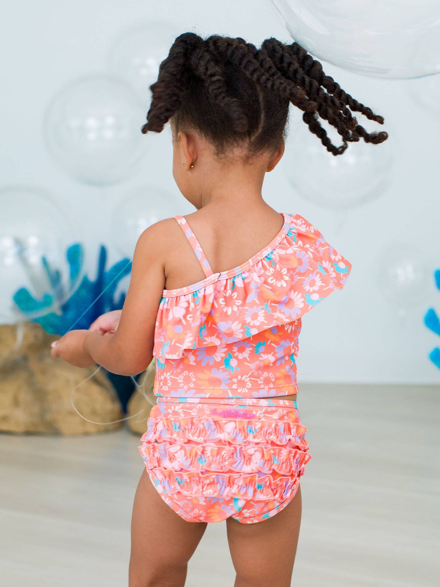 RuffleButts Coral Floral One Shoulder Ruffle Tankini