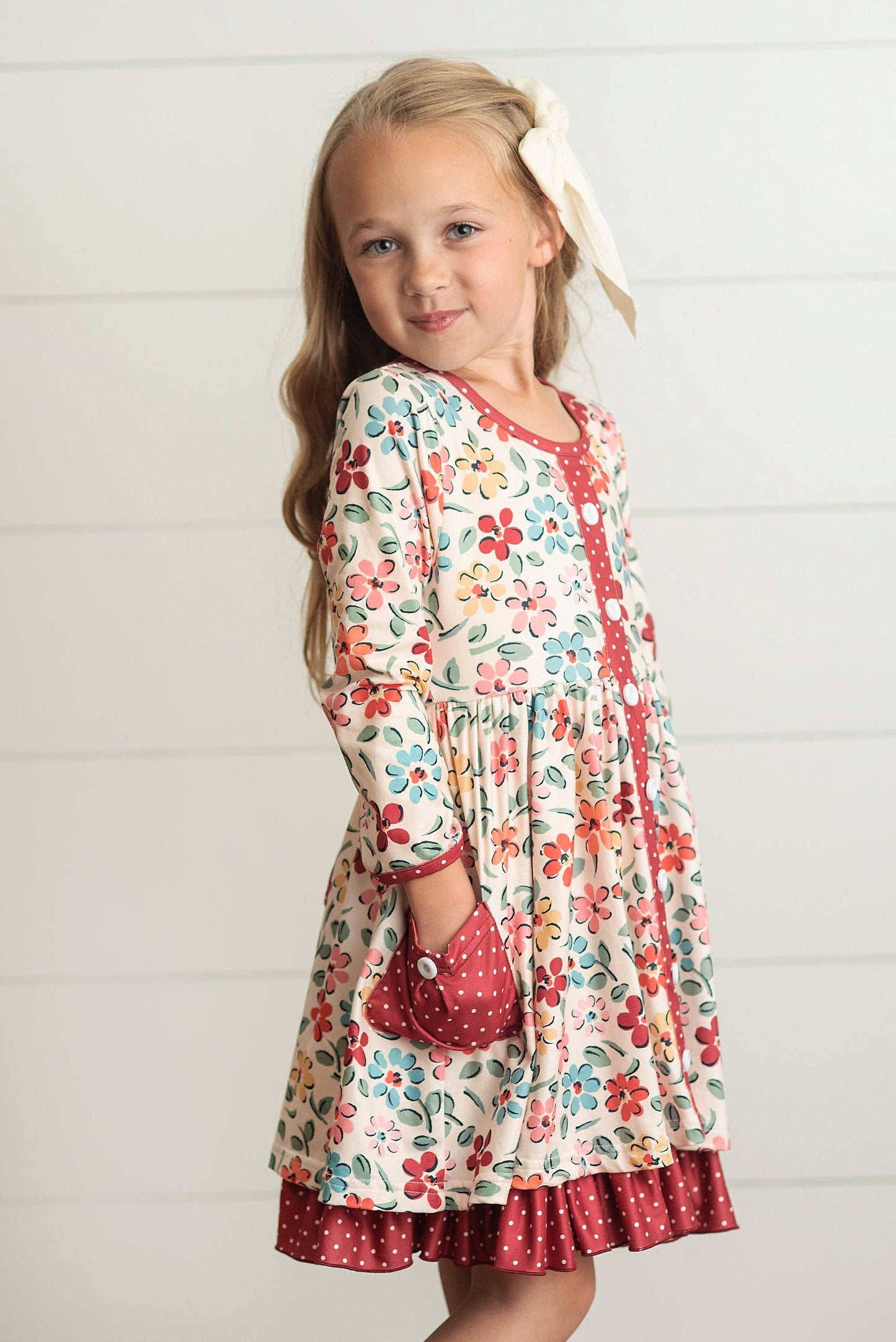 Cream & Burgundy Floral Ruffle Button Dress