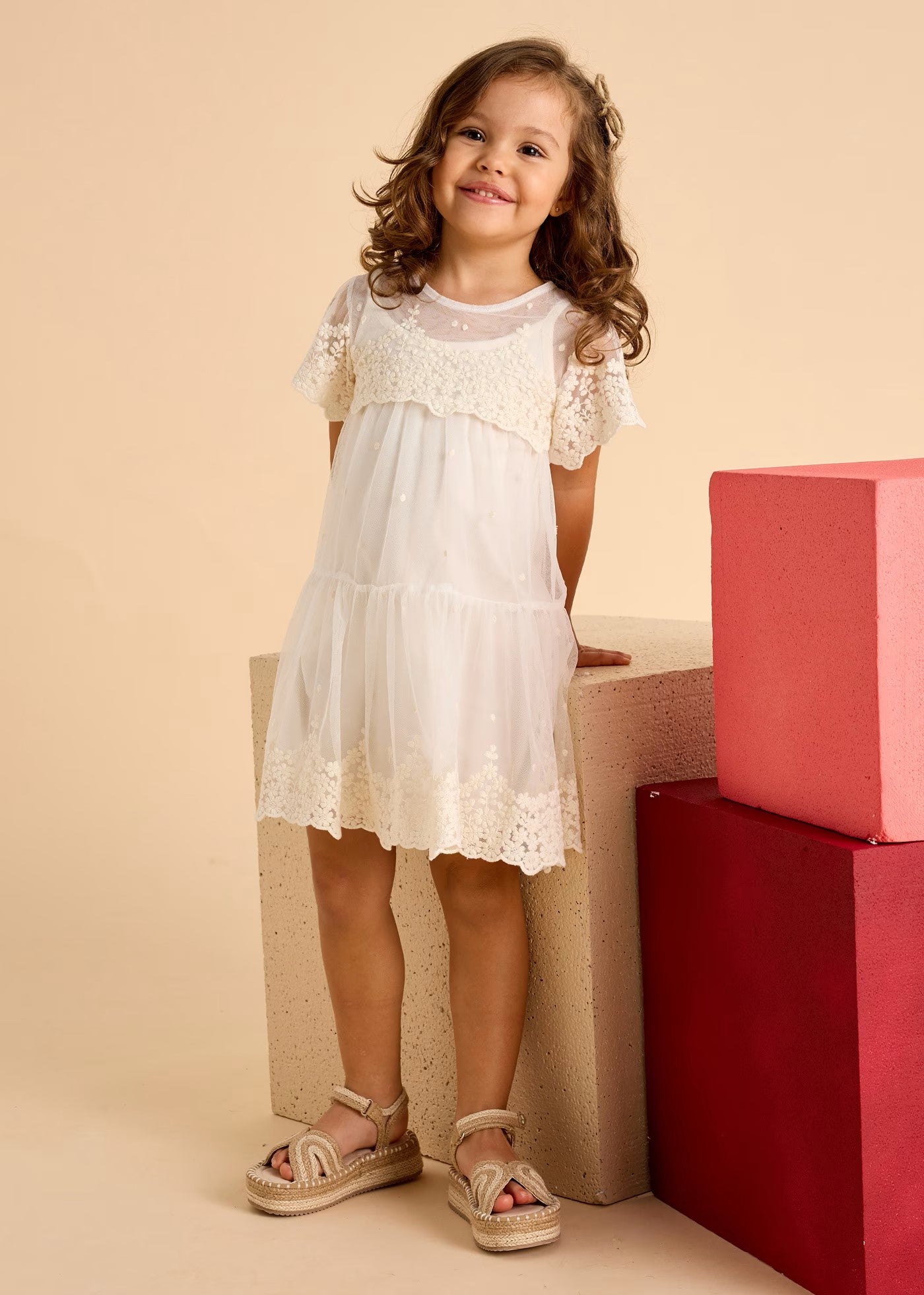 Mayoral Bone Embroidered Tulle Dress