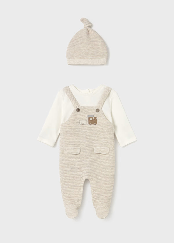 Mayoral Taupe Textured Train Romper & Hat