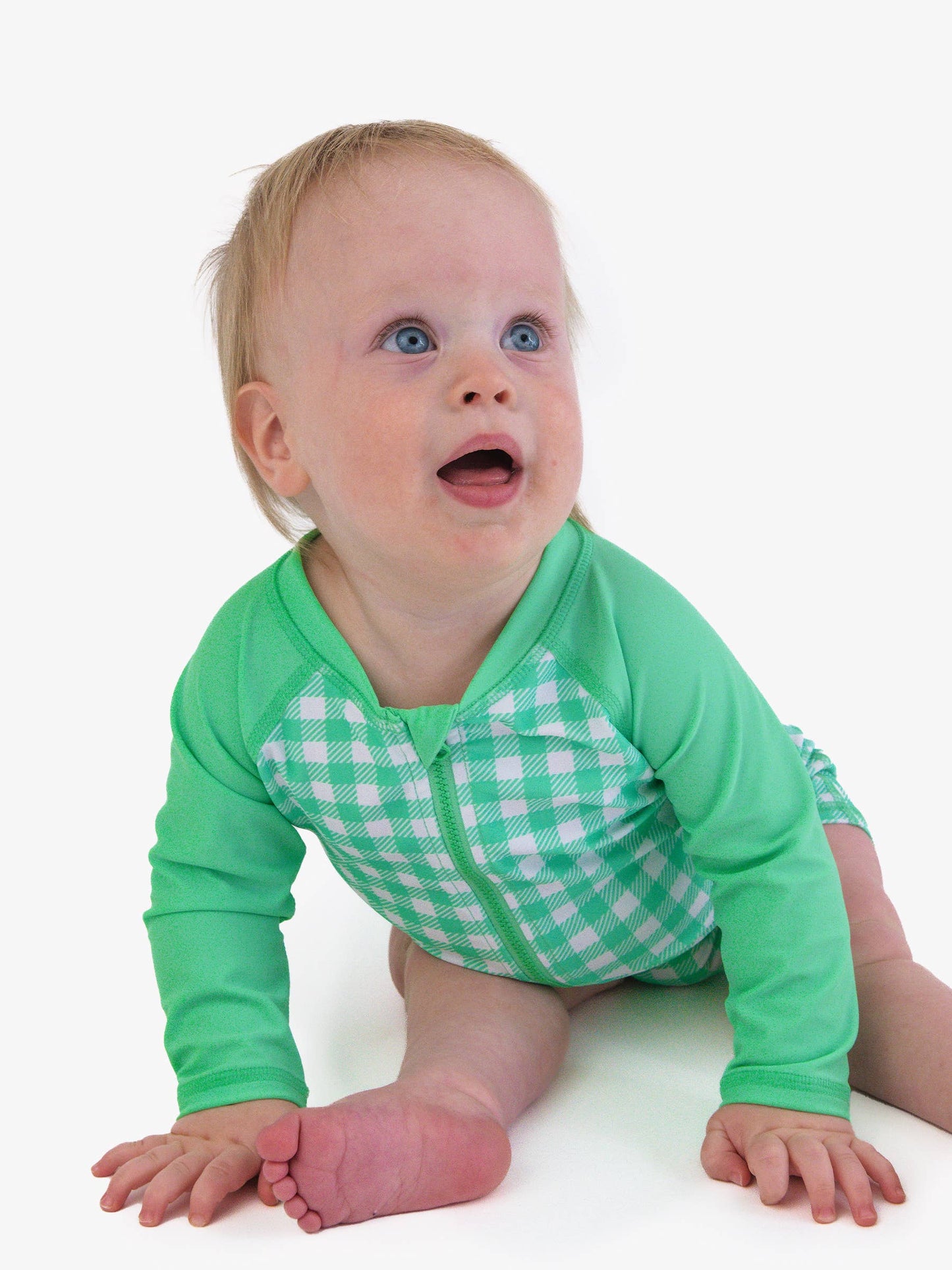 Green Gingham Long Sleeve One Piece Rash Guard Swimsuit