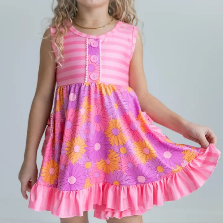 Pink Retro Daisy Stripe Short Set