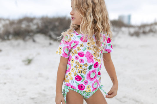 Pink Floral Rash Guard Swimsuit