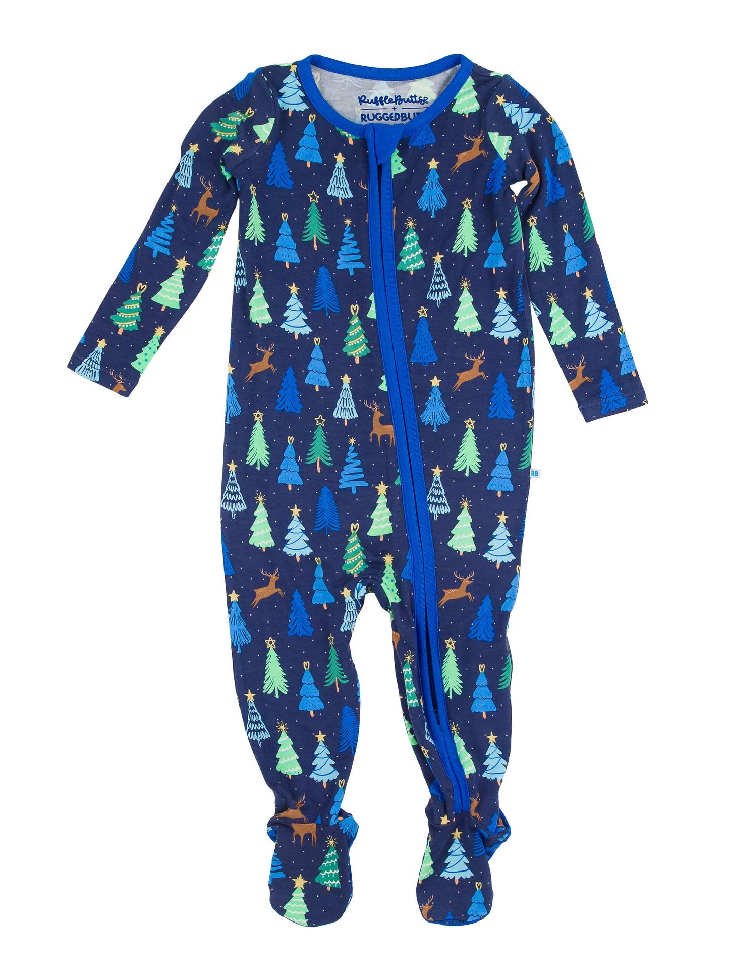 RuggedButts Merry Blue Pines Footed One Piece Pajama