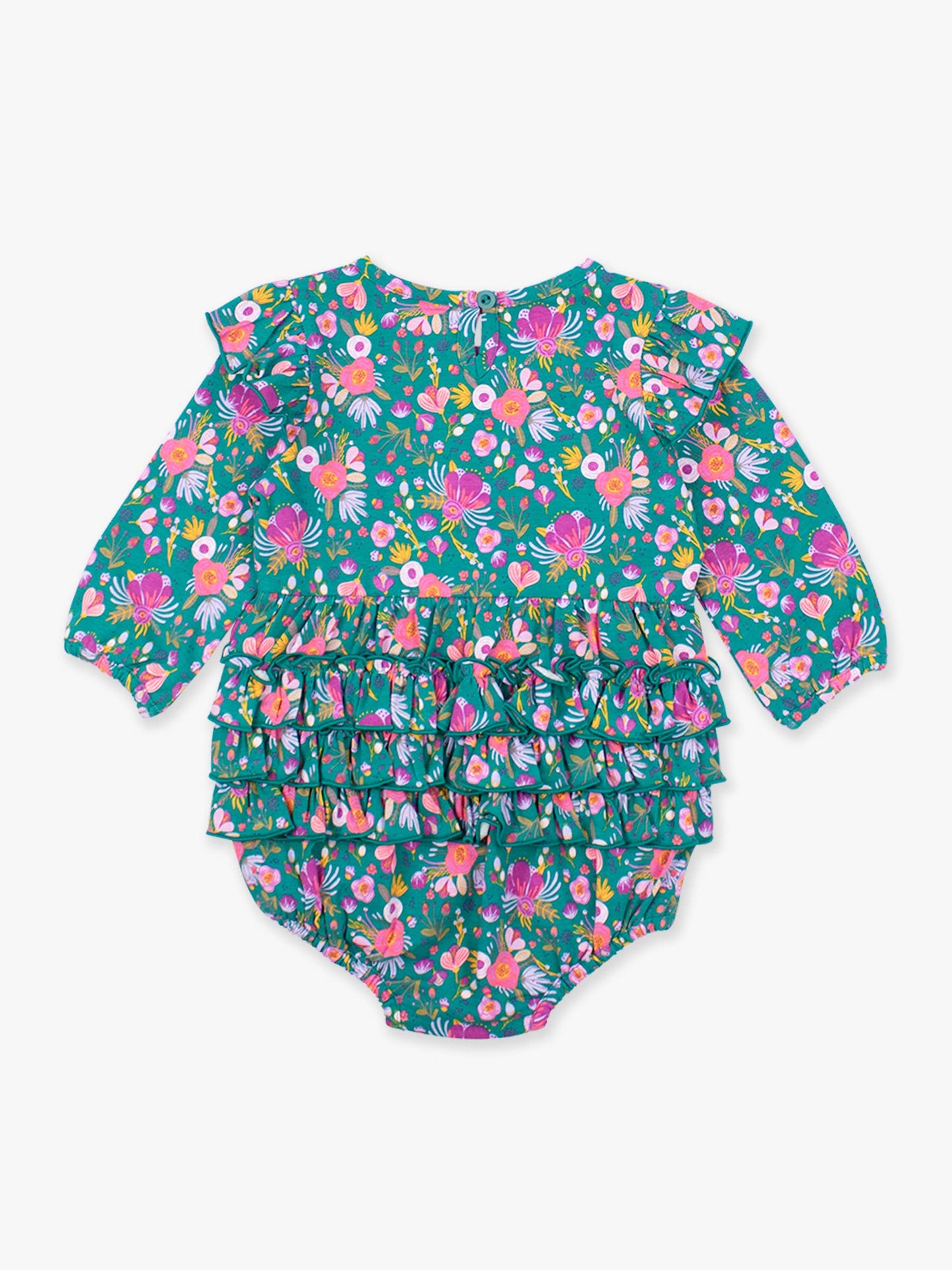 RuffleButts Emerald Floral Flutter Bubble Romper
