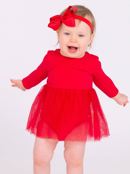 RuffleButts Red Long Sleeve Tulle Skirted Romper