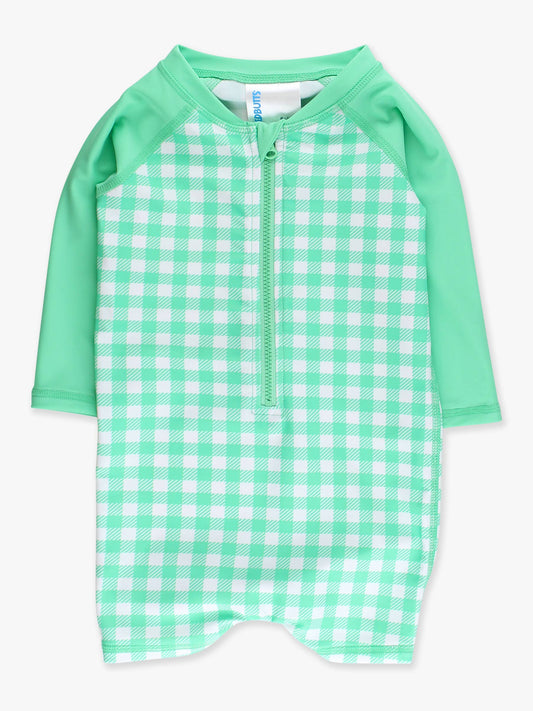 Green Gingham Long Sleeve One Piece Rash Guard Swimsuit