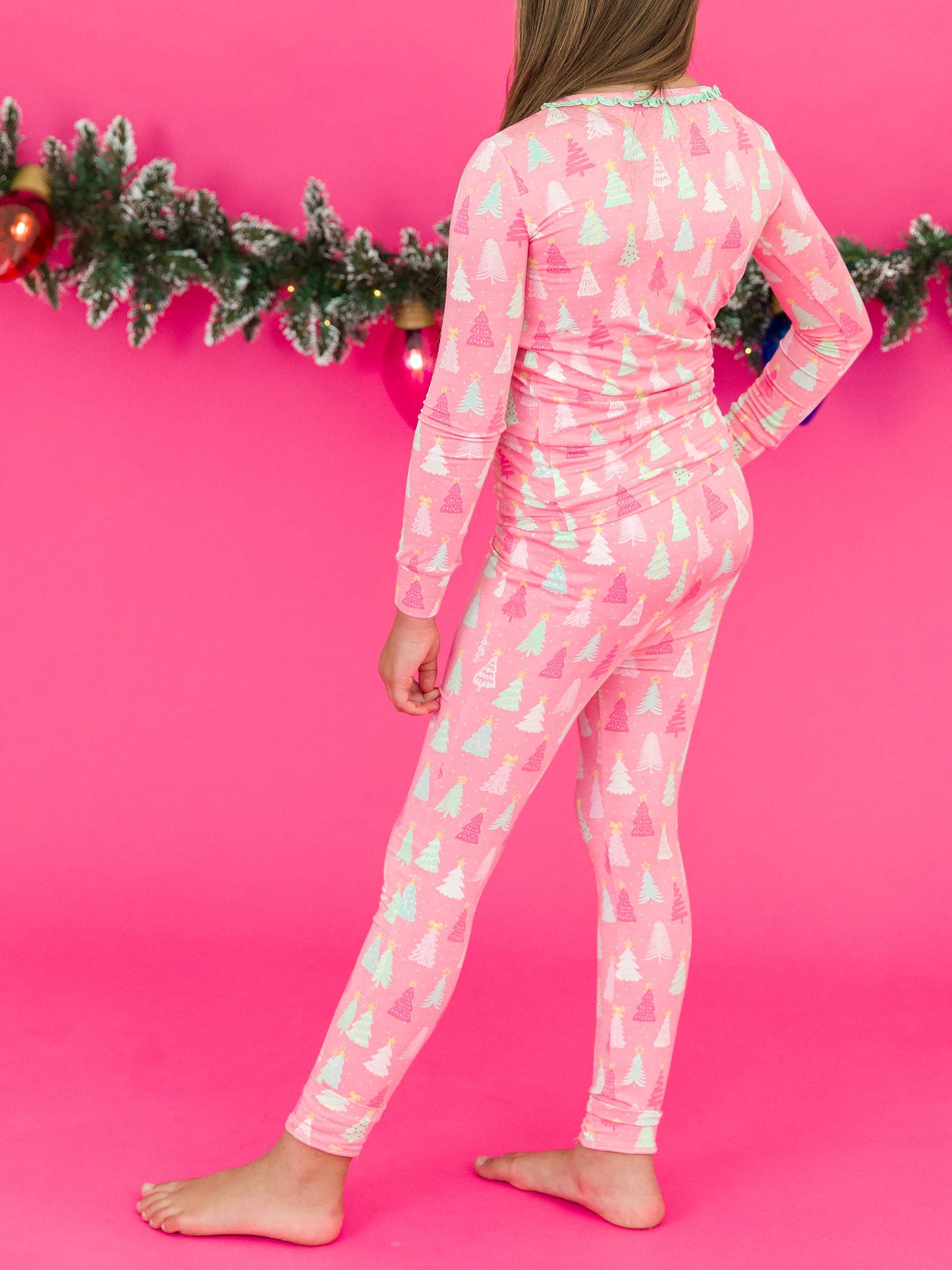 RuffleButts Merry Pink Pines Ruffle Long Sleeve Pajama Set