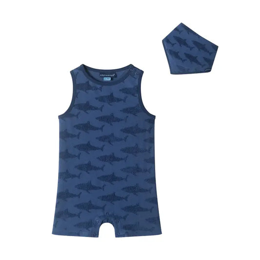 Andy & Evan Navy Shark Romper & Bib