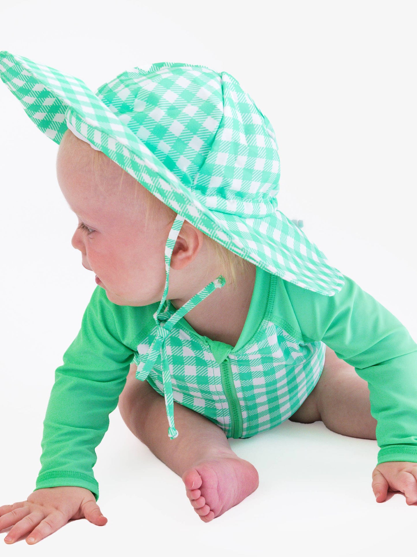 Green Gingham Long Sleeve One Piece Rash Guard Swimsuit