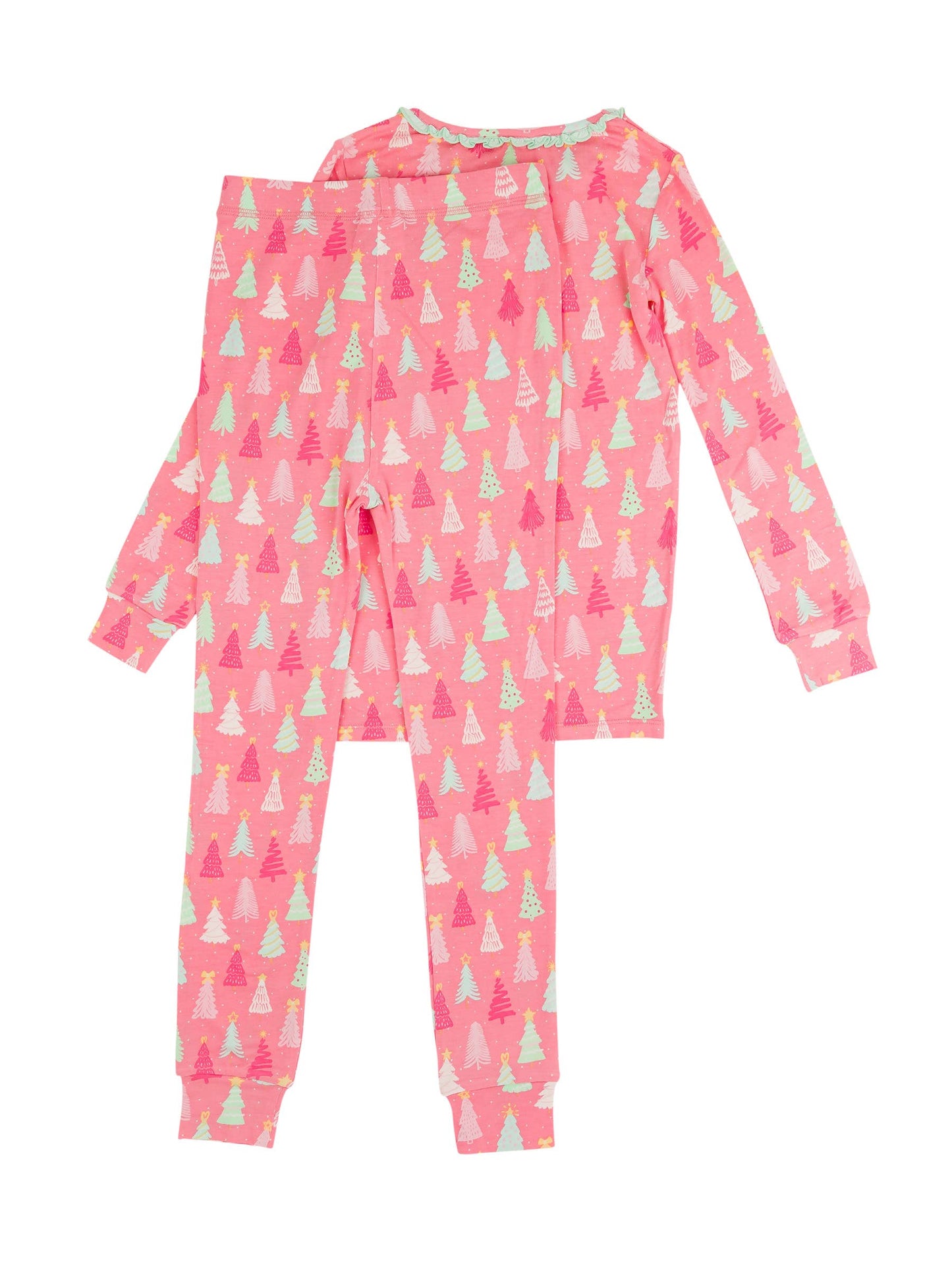 RuffleButts Merry Pink Pines Ruffle Long Sleeve Pajama Set