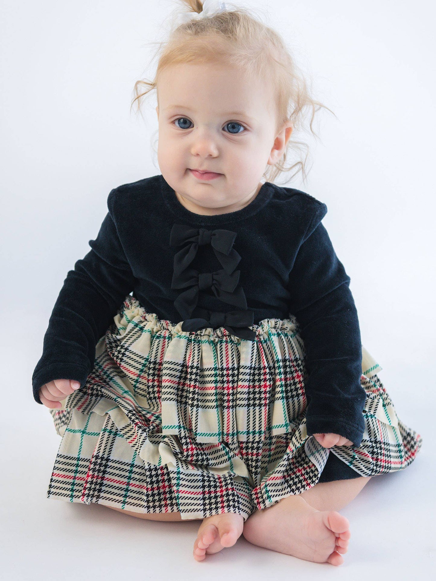 Baby Girls Tannen Plaid Velour & Tulle Long Sleeve Twirl Romper