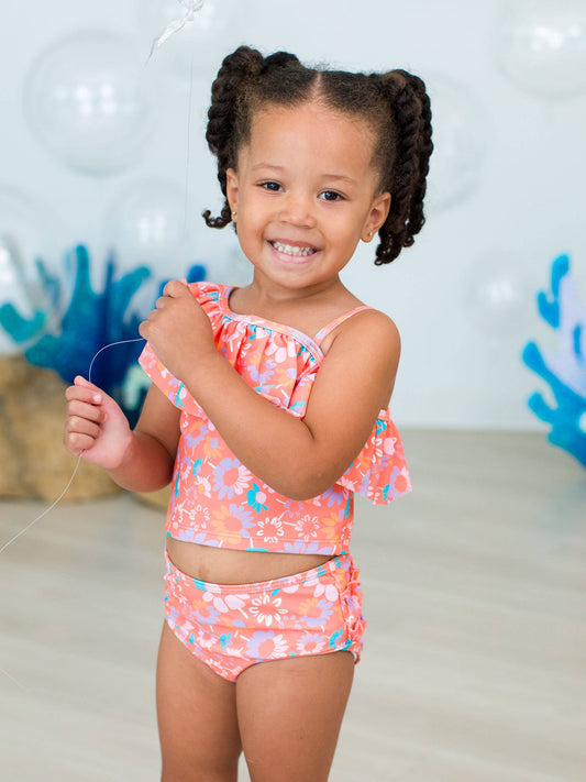 RuffleButts Coral Floral One Shoulder Ruffle Tankini