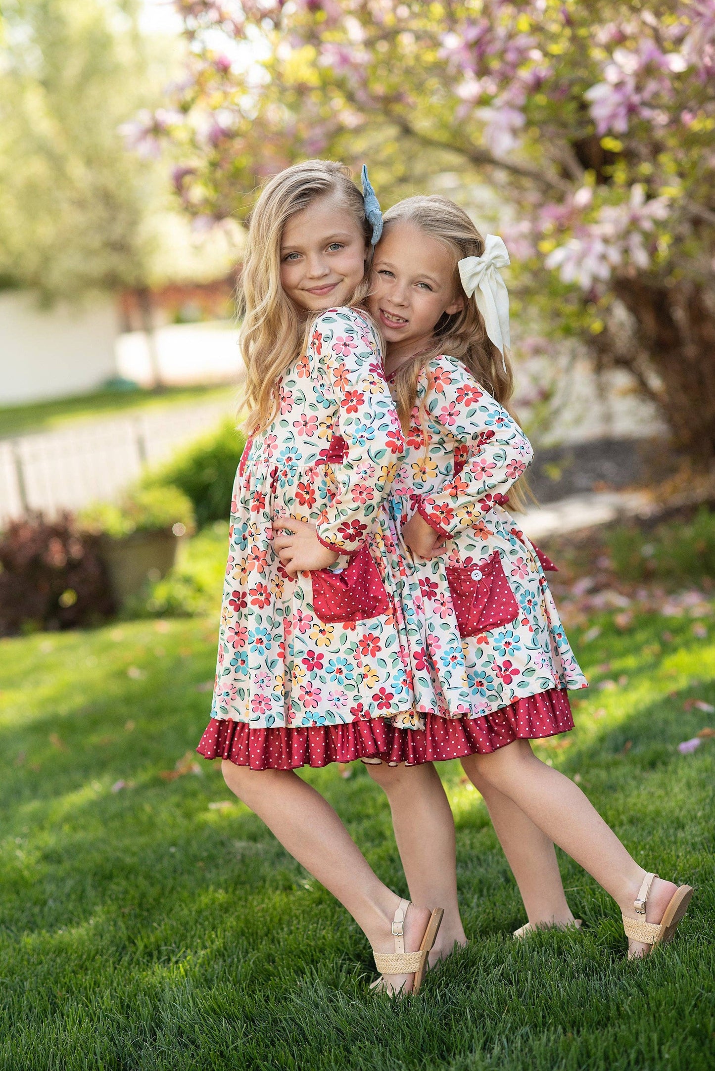 Cream & Burgundy Floral Ruffle Button Dress