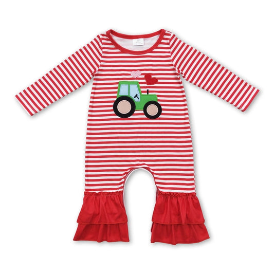 Red Stripe Ruffle Tractor Heart Romper