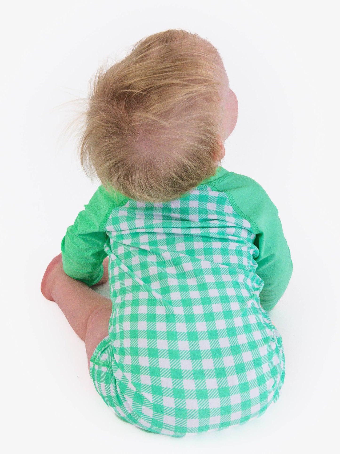Green Gingham Long Sleeve One Piece Rash Guard Swimsuit