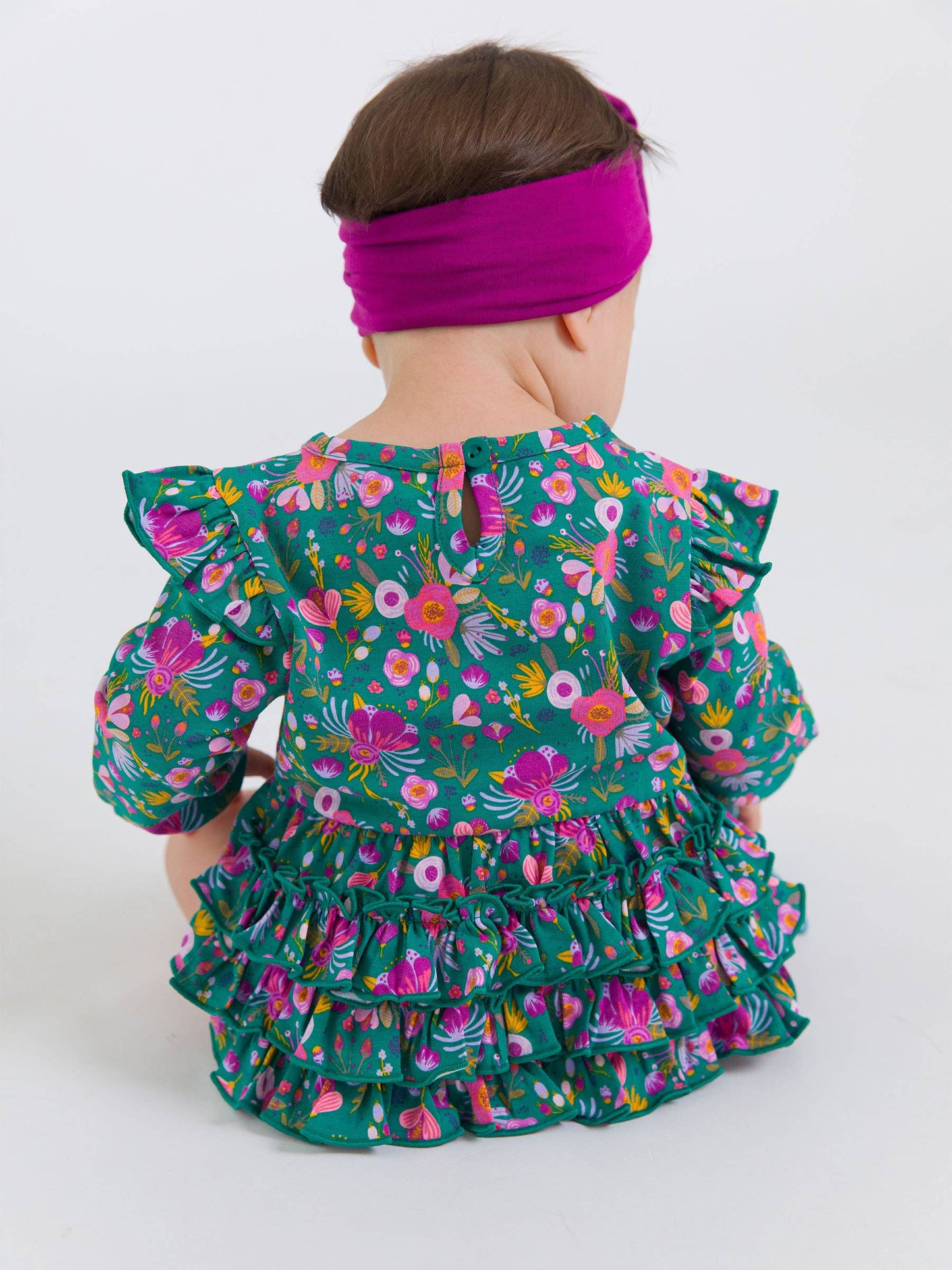 RuffleButts Emerald Floral Flutter Bubble Romper