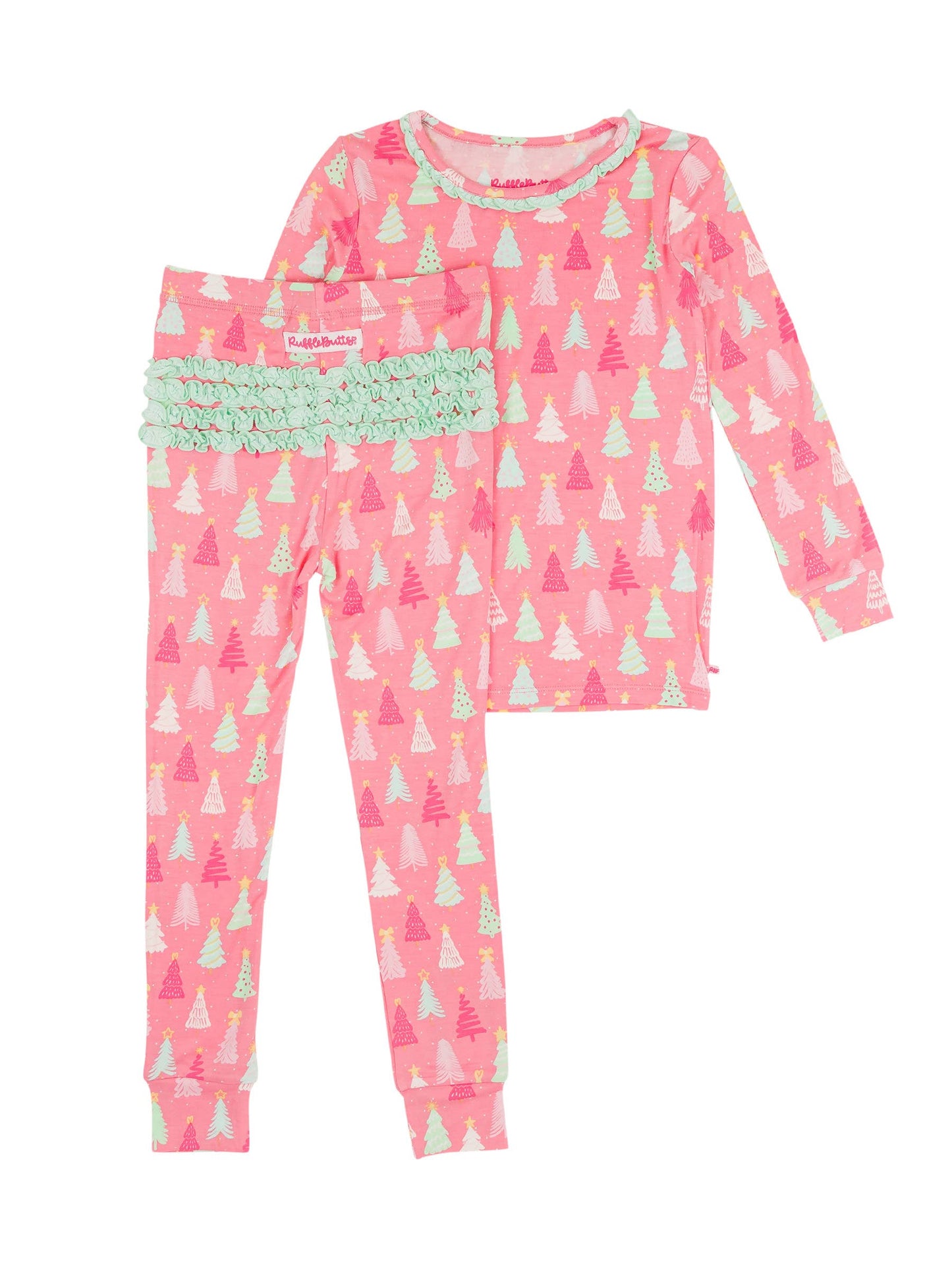 RuffleButts Toddler Girls Merry Pink Pines Ruffle Long Sleeve Pajama Set