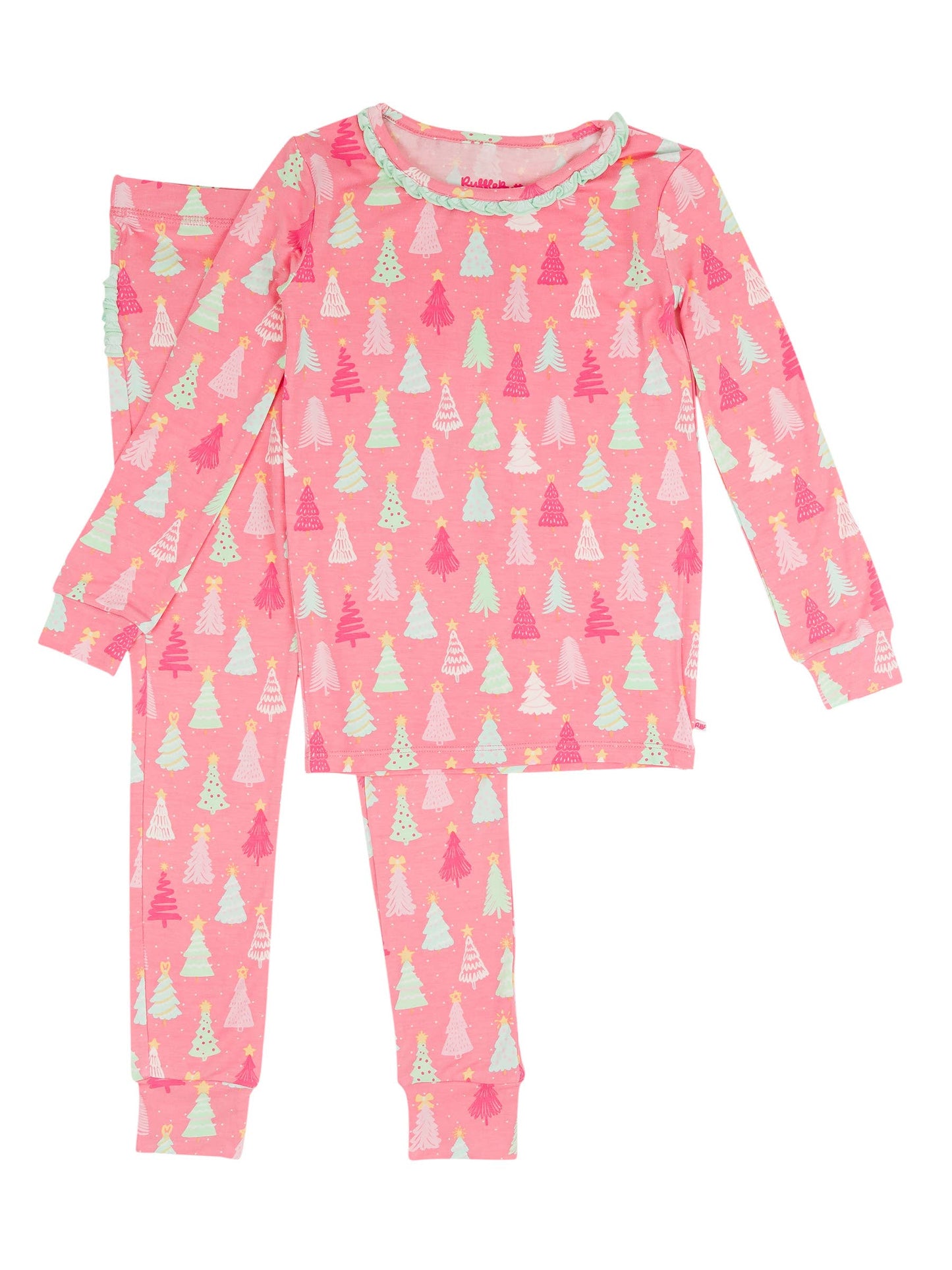 RuffleButts Toddler Girls Merry Pink Pines Ruffle Long Sleeve Pajama Set