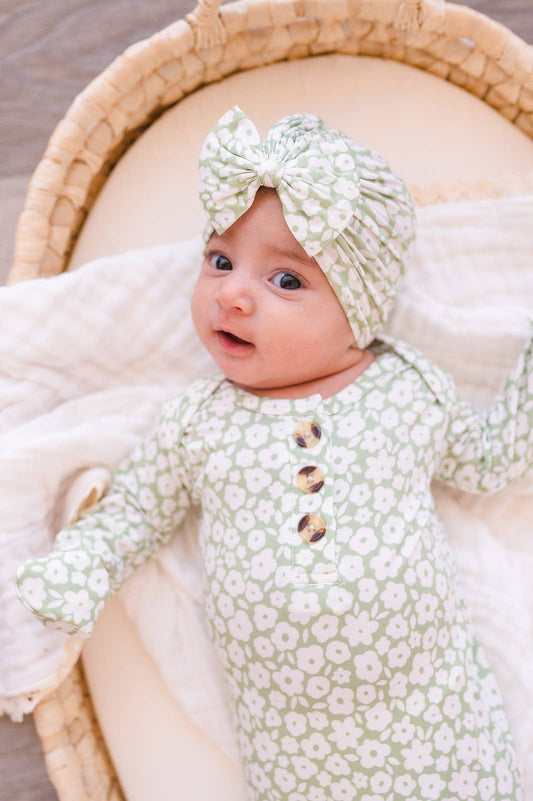 Sage Ditsy Floral Knotted Gown & Headband