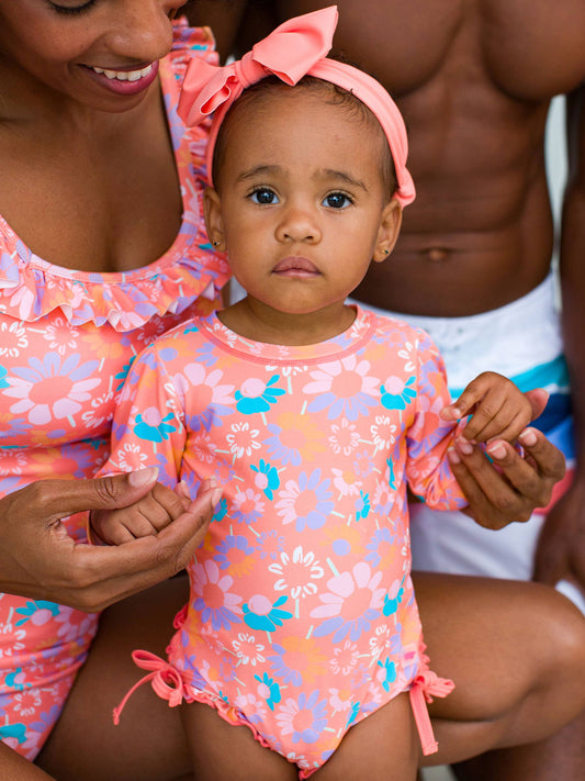 RuffleButts Coral Floral Long Sleeve One Piece Rash Guard