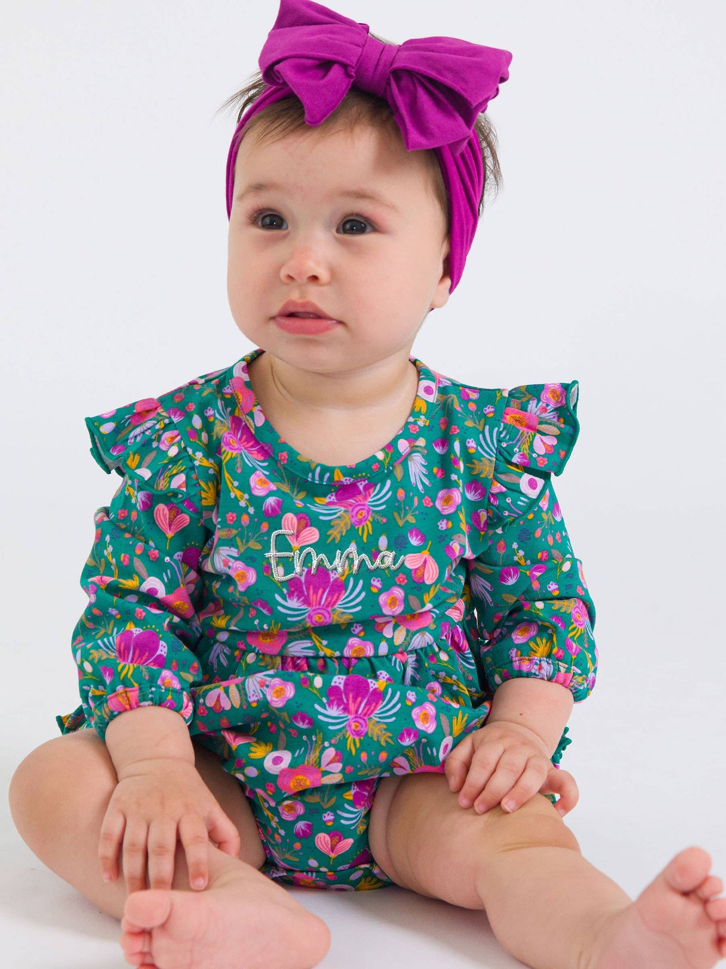 RuffleButts Emerald Floral Flutter Bubble Romper