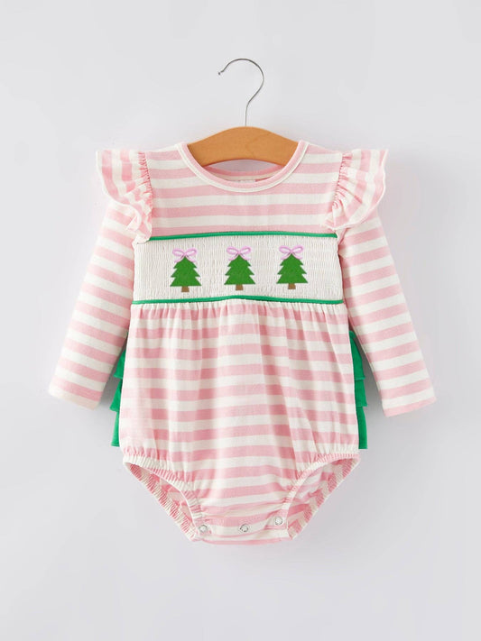 Christmas Tree Smocking Embroidered Romper