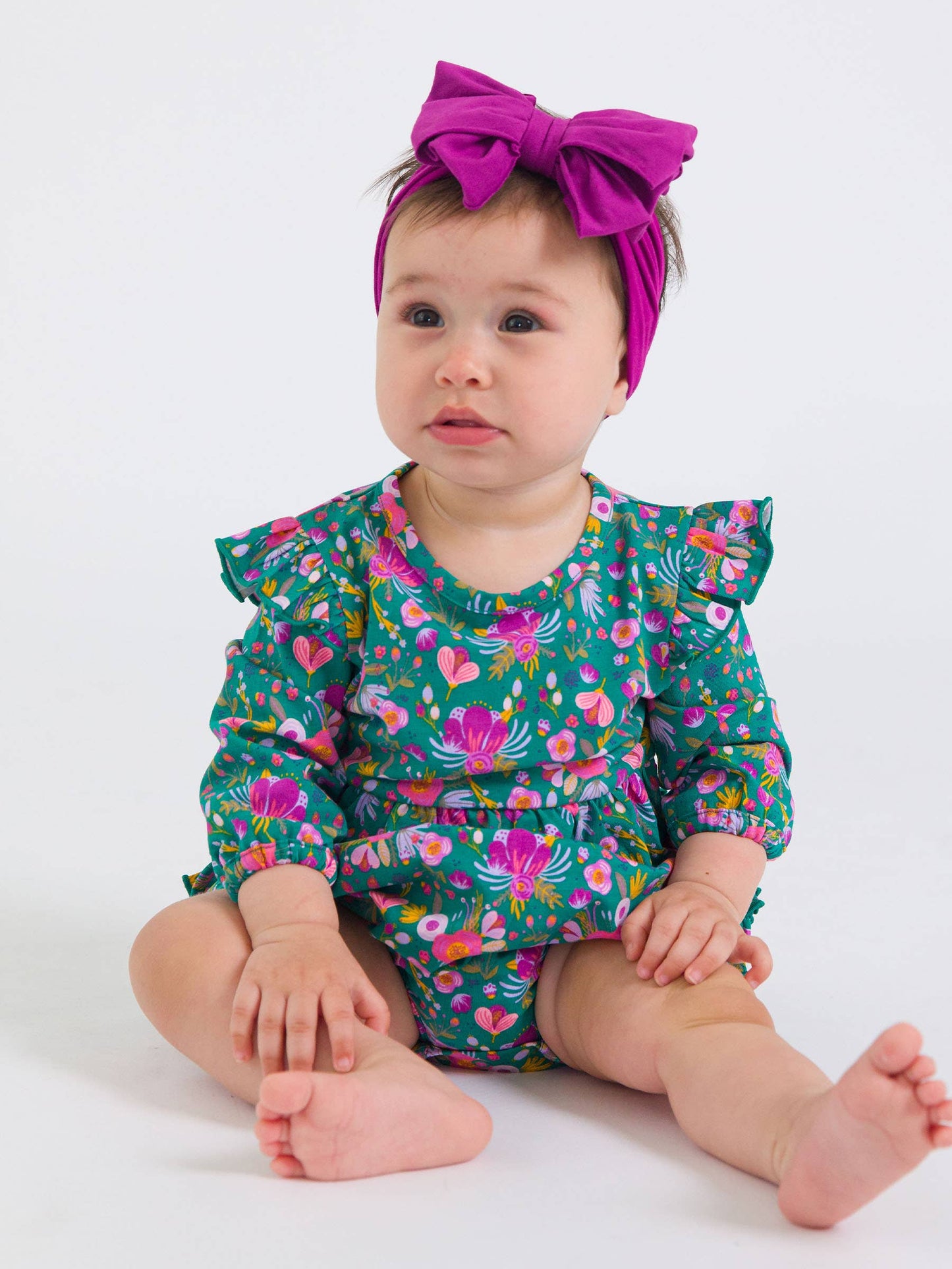 RuffleButts Emerald Floral Flutter Bubble Romper