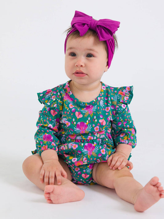 RuffleButts Emerald Floral Flutter Bubble Romper